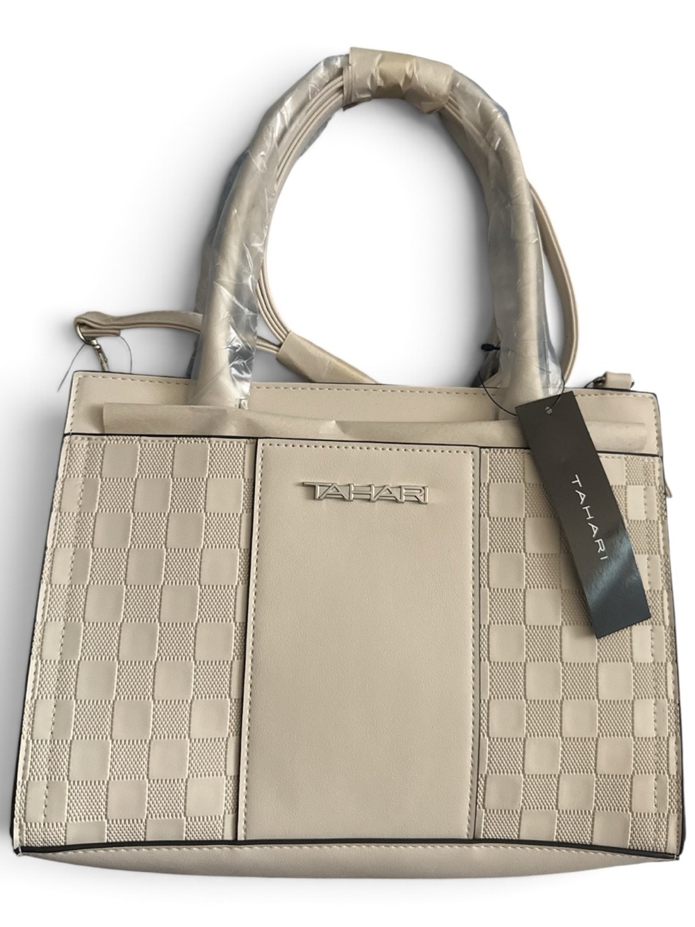 Tahari Cream Checker Panel Satchel